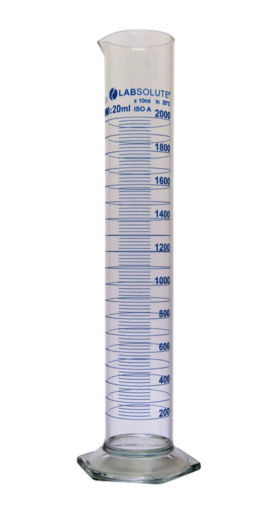 Éprouvette graduée forme haute, classe A, verre borosilicaté, graduations bleues, 2 L