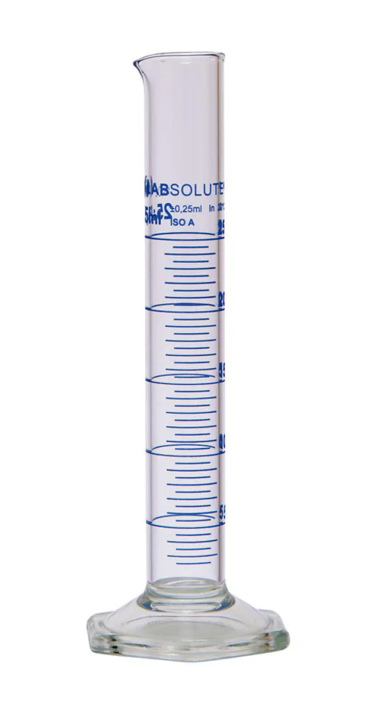 Éprouvette graduée forme haute, classe A, verre borosilicaté, graduations bleues, 25 mL