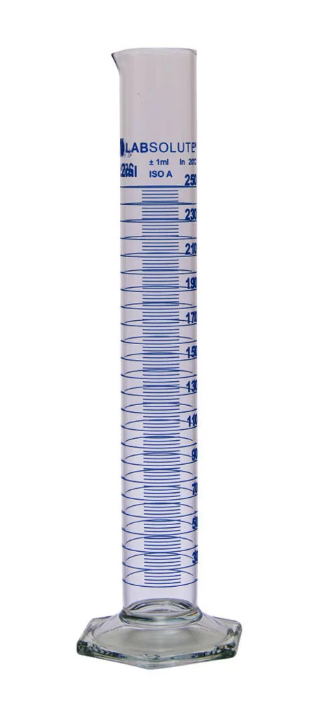 Éprouvette graduée forme haute, classe A, verre borosilicaté, graduations bleues, 250 mL