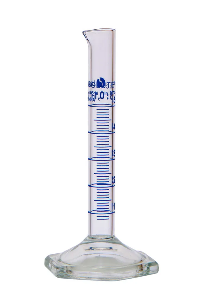 Éprouvette graduée forme haute, classe A, verre borosilicaté, graduations bleues, 5 mL