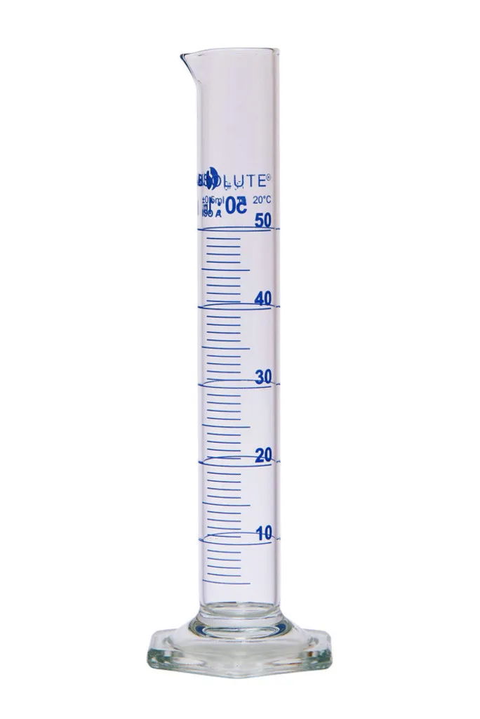 Éprouvette graduée forme haute, classe A, verre borosilicaté, graduations bleues, 50 mL