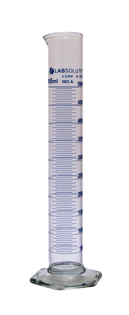 Éprouvette graduée forme haute, classe A, verre borosilicaté, graduations bleues, 500 mL
