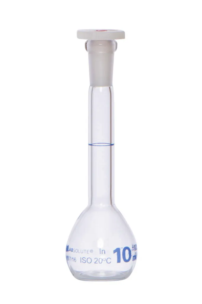 Fiole jaugée en verre clair, classe A, bouchon PE, 10 mL