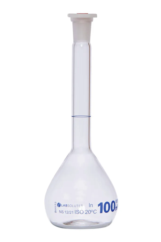 Fiole jaugée en verre clair, classe A, bouchon PE, 100 mL