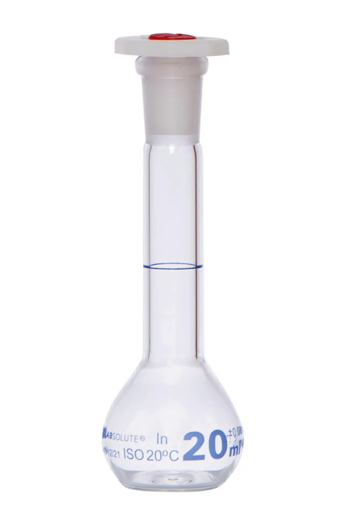 Fiole jaugée en verre clair, classe A, bouchon PE, 20 mL