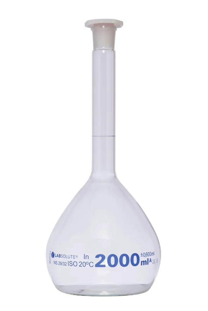 Fiole jaugée en verre clair, classe A, bouchon PE, 2 L