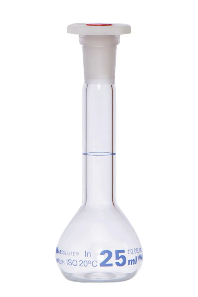 Fiole jaugée en verre clair, classe A, bouchon PE, 25 mL