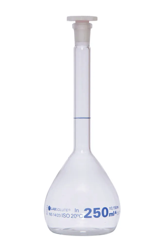 Fiole jaugée en verre clair, classe A, bouchon PE, 250 mL