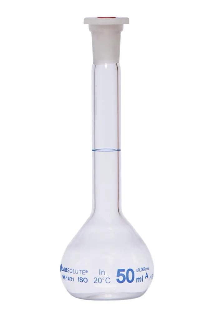 Fiole jaugée en verre clair, classe A, bouchon PE, 50 mL