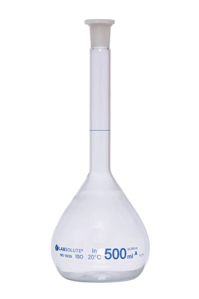 Fiole jaugée en verre clair, classe A, bouchon PE, 500 mL
