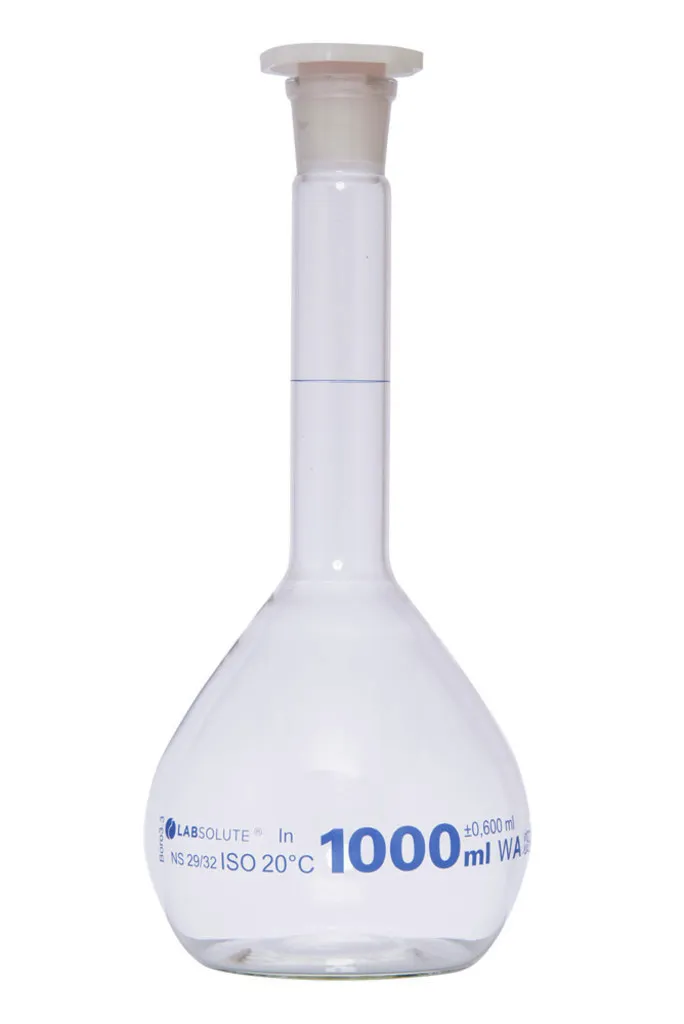 Fiole jaugée en verre clair, classe A, bouchon PE, 1 L