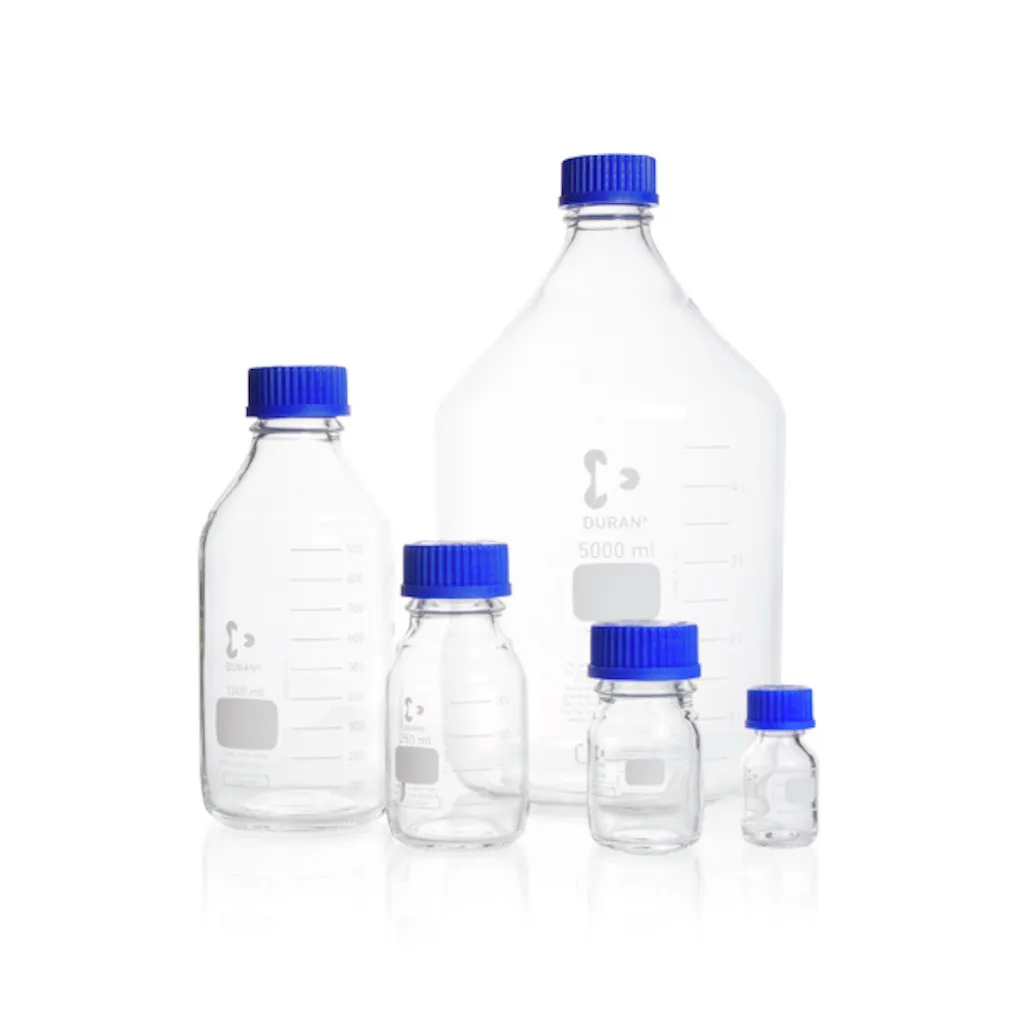 Flacon de laboratoire en verre Duran clair, GL45, avec bouchon et bague de déversement, 500 mL — lot de 10