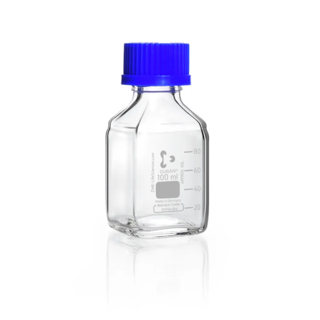 Flacon de laboratoire carré en verre Duran clair, GL 32, avec bouchon, 100 mL — lot de 10