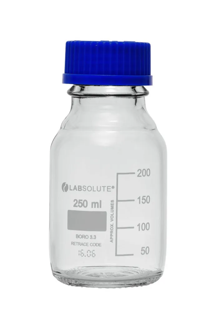 Flacon de laboratoire en verre clair LABSOLUTE, GL45, avec bouchon et bague, 250 mL — lot de 10