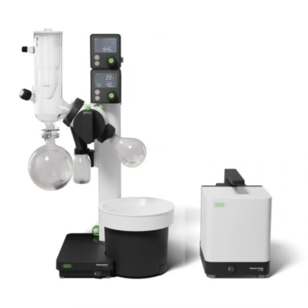 Système Rotavapor R-80 Büchi — colonne 29/32, verrerie à piège à froid, pompe à vide V-180 et interface I-180