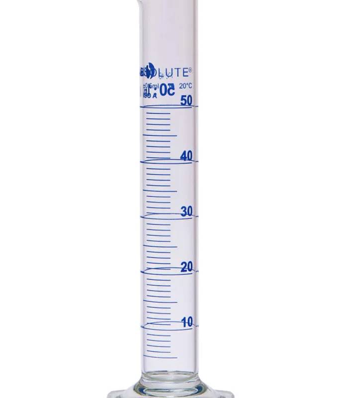 Éprouvette graduée forme haute, classe A, verre borosilicaté, graduations bleues, 50 mL