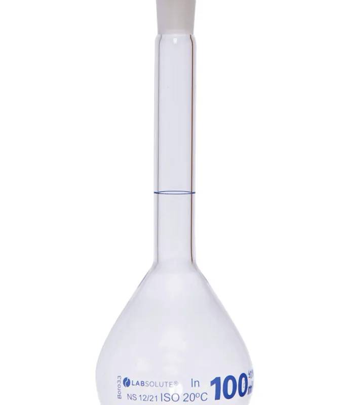 Fiole jaugée en verre clair, classe A, bouchon PE, 100 mL