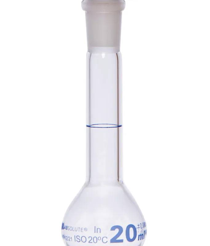 Fiole jaugée en verre clair, classe A, bouchon PE, 20 mL