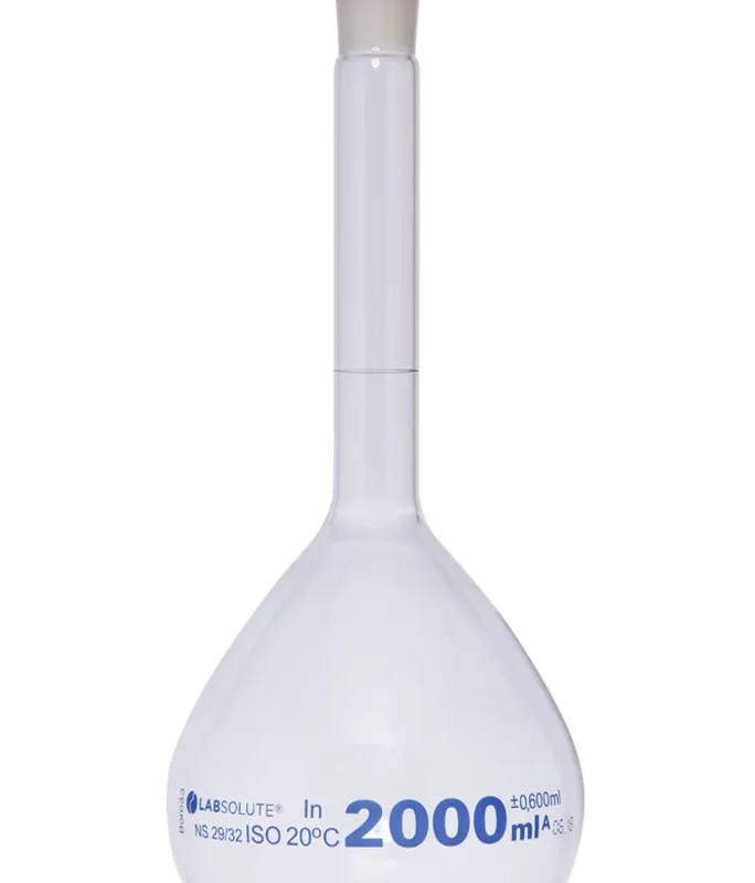 Fiole jaugée en verre clair, classe A, bouchon PE, 2 L