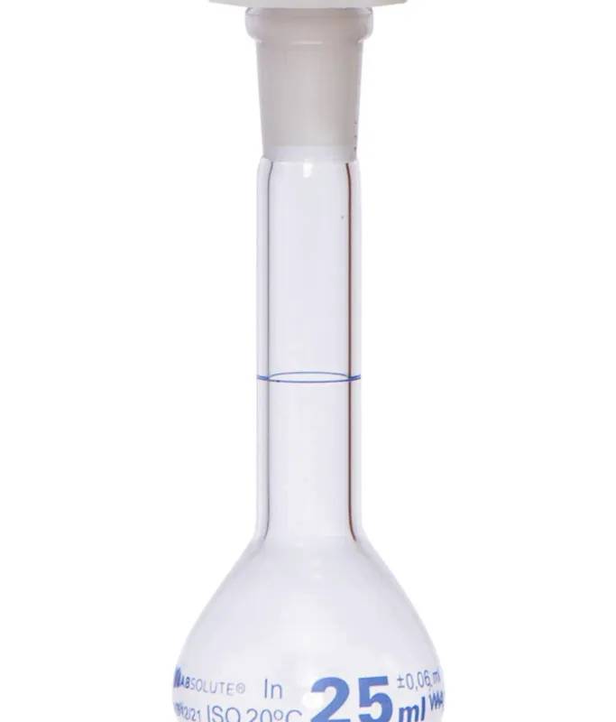 Fiole jaugée en verre clair, classe A, bouchon PE, 25 mL