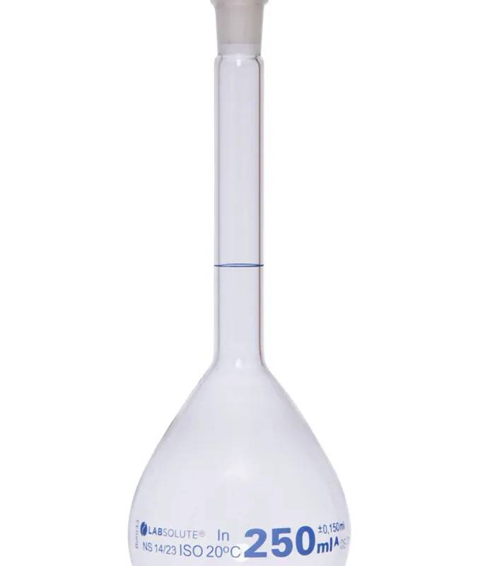 Fiole jaugée en verre clair, classe A, bouchon PE, 250 mL