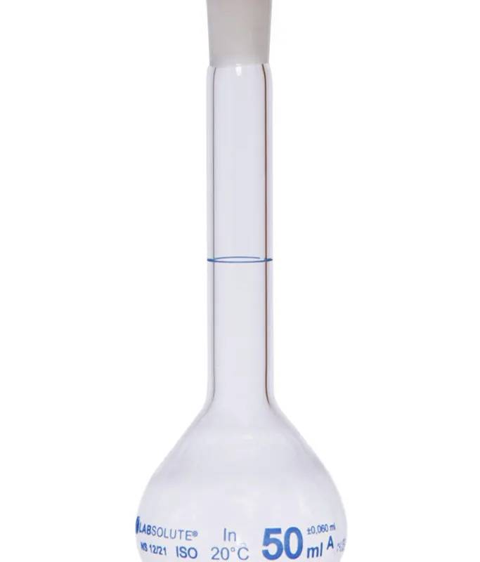 Fiole jaugée en verre clair, classe A, bouchon PE, 50 mL