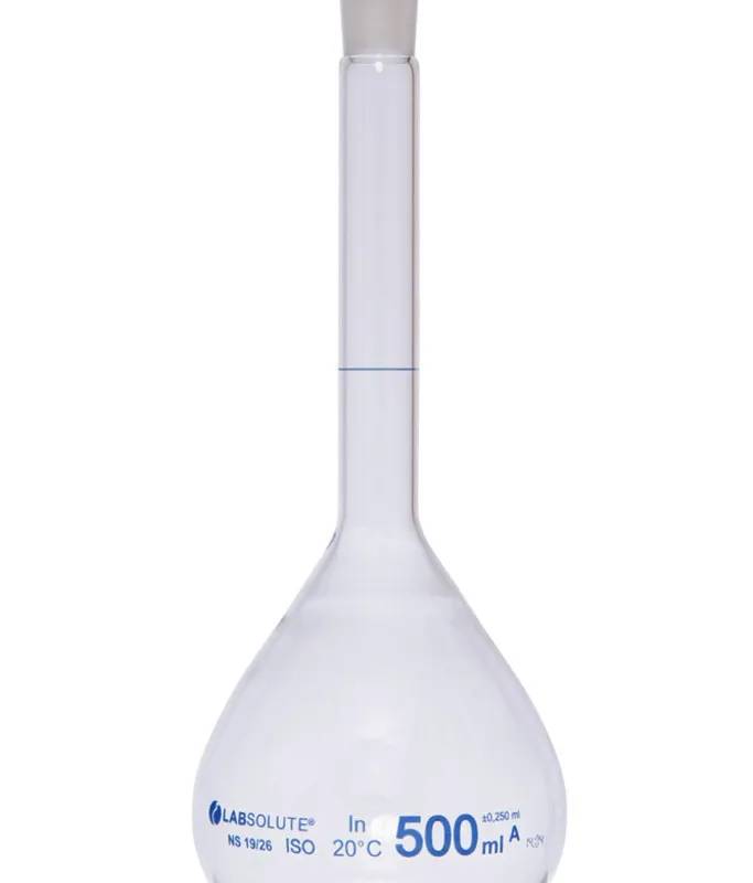 Fiole jaugée en verre clair, classe A, bouchon PE, 500 mL