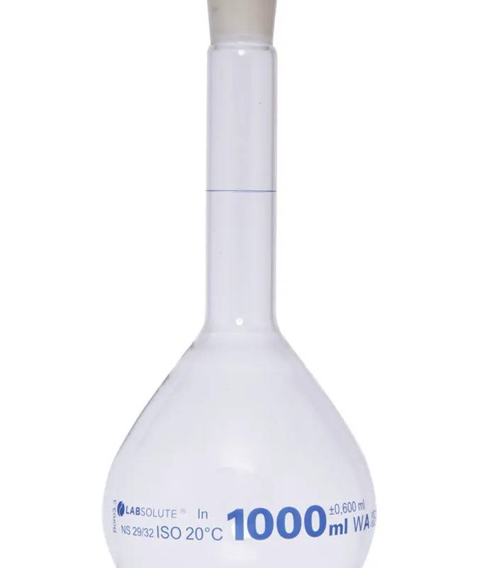 Fiole jaugée en verre clair, classe A, bouchon PE, 1 L