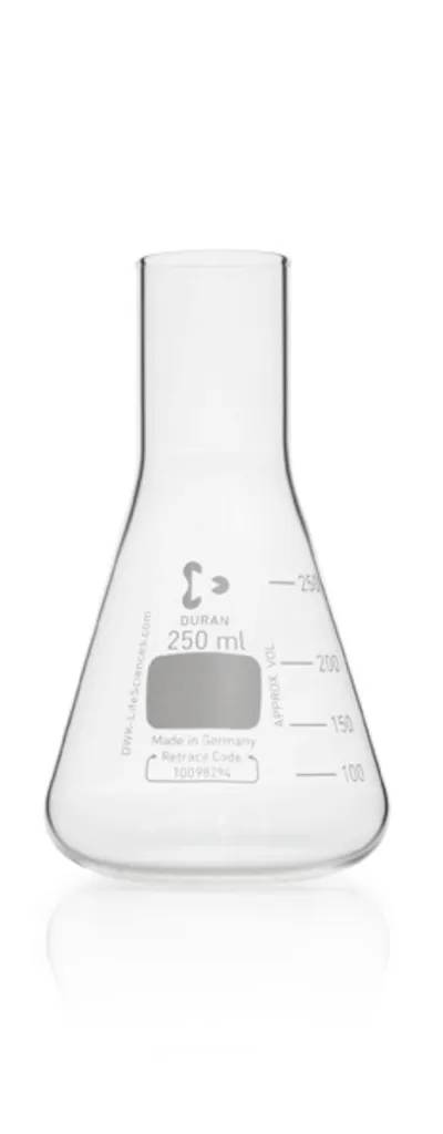 Flacon de culture en verre Duran, col droit, forme Erlenmeyer, 250 mL — lot de 10