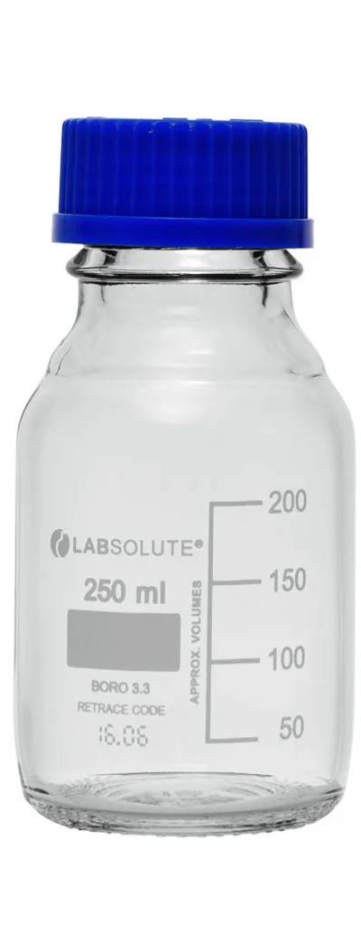Flacon de laboratoire en verre clair LABSOLUTE, GL45, avec bouchon et bague, 250 mL — lot de 10