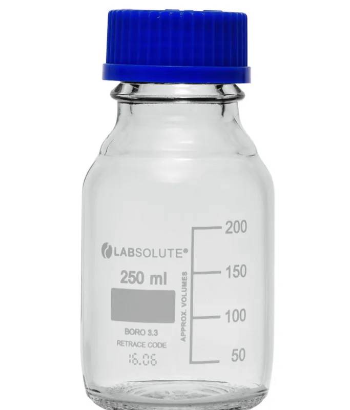 Flacon de laboratoire en verre clair LABSOLUTE, GL45, avec bouchon et bague, 250 mL — lot de 10