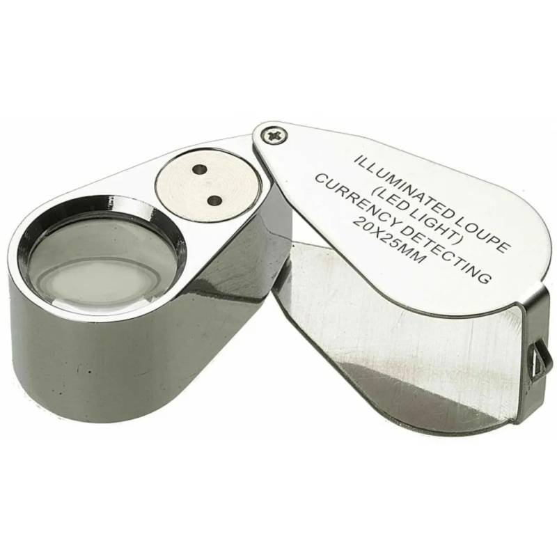 Loupe pliante de précision x20, métal, LED + UV
