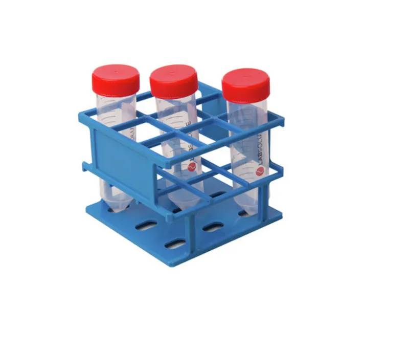 Portoir 3x3 pour tubes de 50 mL, nylon bleu, 109 x 109 x 84 mm